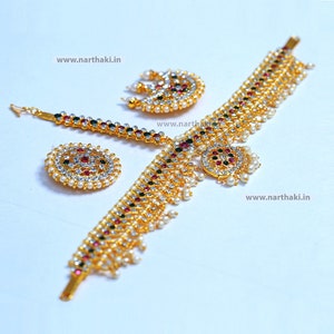 Raj Bharatham  Imitation Artificial Gold Polished Brass with Kemp and Pearls BharatanatyamDance Temple Jewelry Multicolour Headset for Women
