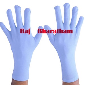 May include: A pair of light blue gloves with the text "Raj Bharatham" written in red on the back of the gloves.