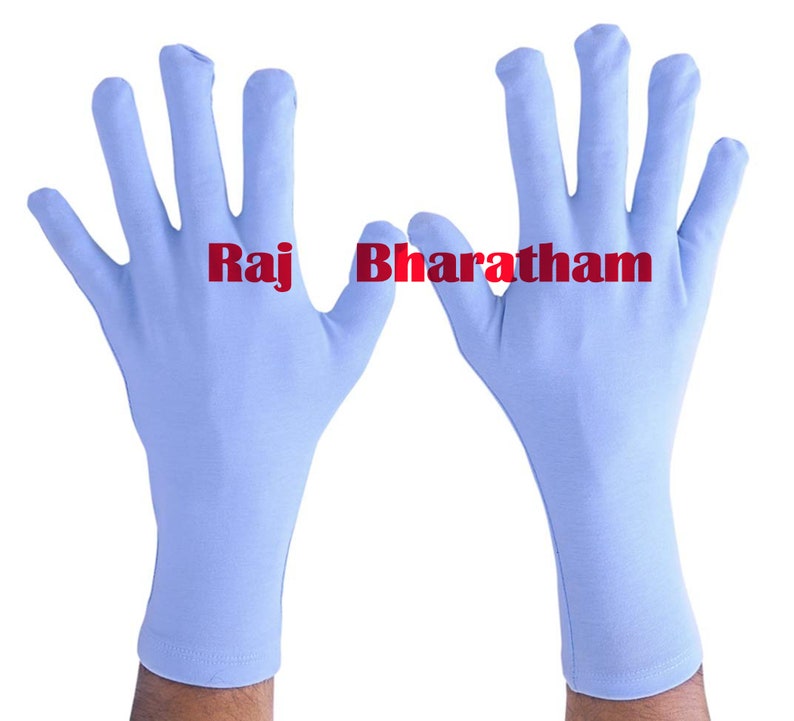 May include: A pair of light blue gloves with the text "Raj Bharatham" written in red on the back of the gloves.