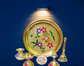 RAJ BHARATHAM Pure Brass Meenakari Puja Thali Set Handmade Decorative Aarti Thali Bartan Pooja Laddu Gopal Bhog Thali  18.5 CM Set of 6 Pcs