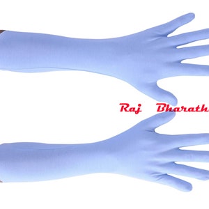 May include: A pair of light blue long fingerless gloves. The gloves are made of a soft, stretchy fabric and extend to the elbow.