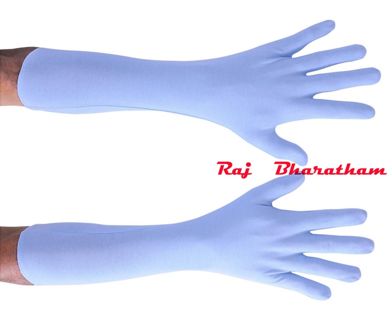 May include: A pair of light blue long fingerless gloves. The gloves are made of a soft, stretchy fabric and extend to the elbow.