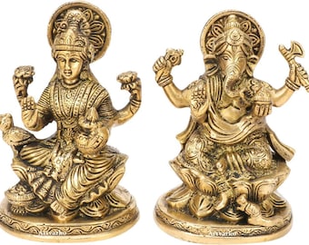RAJ BHARATHM Brass Ganesha Laxmi Ganesh Lakshmi Bhagwan Idol Sitting on Lotus Ganpati Murti Statue for Home Office Puja Décor Gift 5 Inches