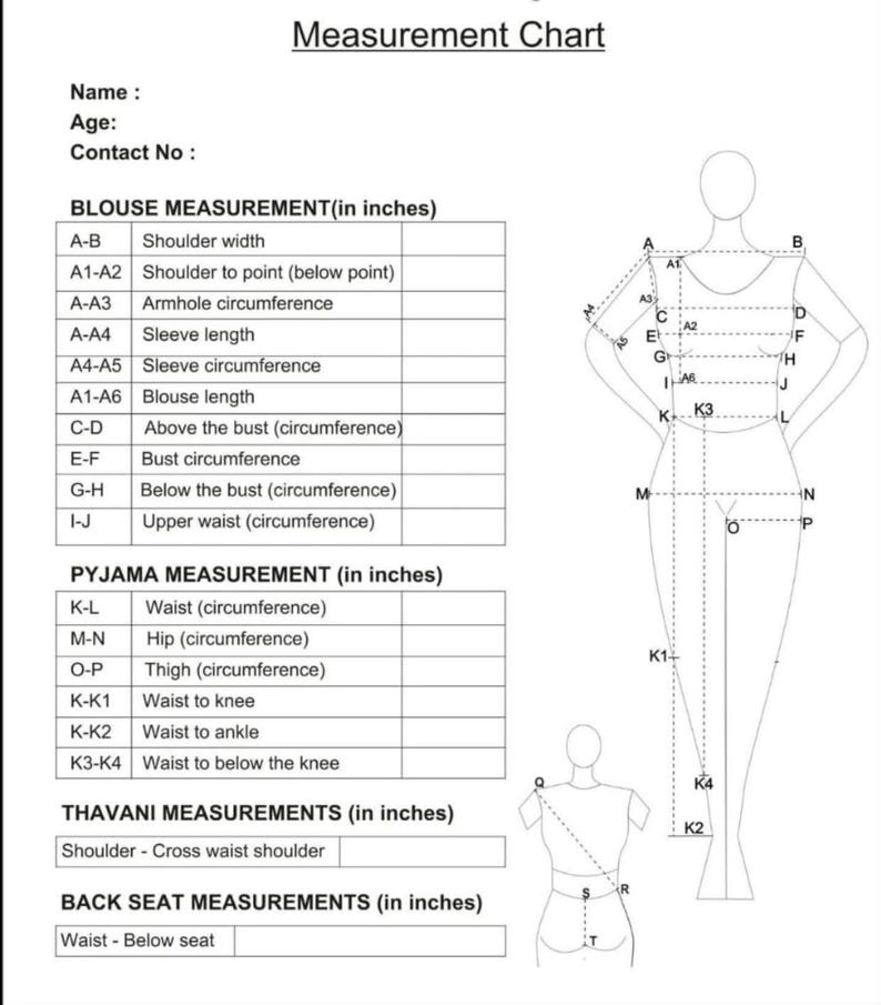 Puede incluir: Un dibujo en blanco y negro de una figura femenina con medidas etiquetadas en pulgadas para tomar medidas corporales para la ropa. Las medidas incluyen el ancho de los hombros, la circunferencia del busto, la circunferencia de la cintura, la circunferencia de las caderas y la circunferencia del muslo.