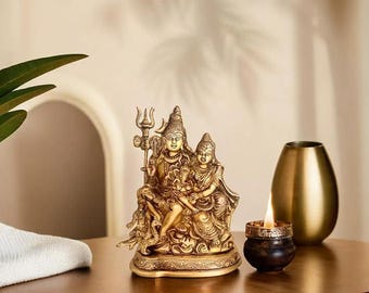 RAJ BHARATHAM Brass Shiv Parivar Idol | Antique Finish Shiv Parvati Murti for Home, Pooja Room, and Decoration | Statue Height 7.75 Inch