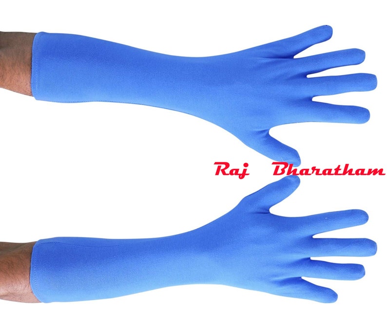 May include: A pair of long, blue, cotton gloves. The gloves are seamless and extend to the elbow.