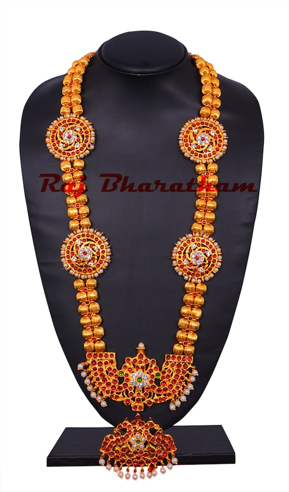 Moti Mala Haram Necklace, Pearl Kempu Stone Temple Jewelry, South Indian Dance Bridal Wear