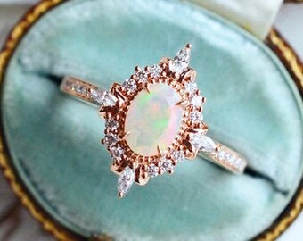 Gem Stone Jewelry Rose Gold Plated Gold Ring Natural Ethiopian Opal Ring Hammered Gemstone Rings Opal Ring