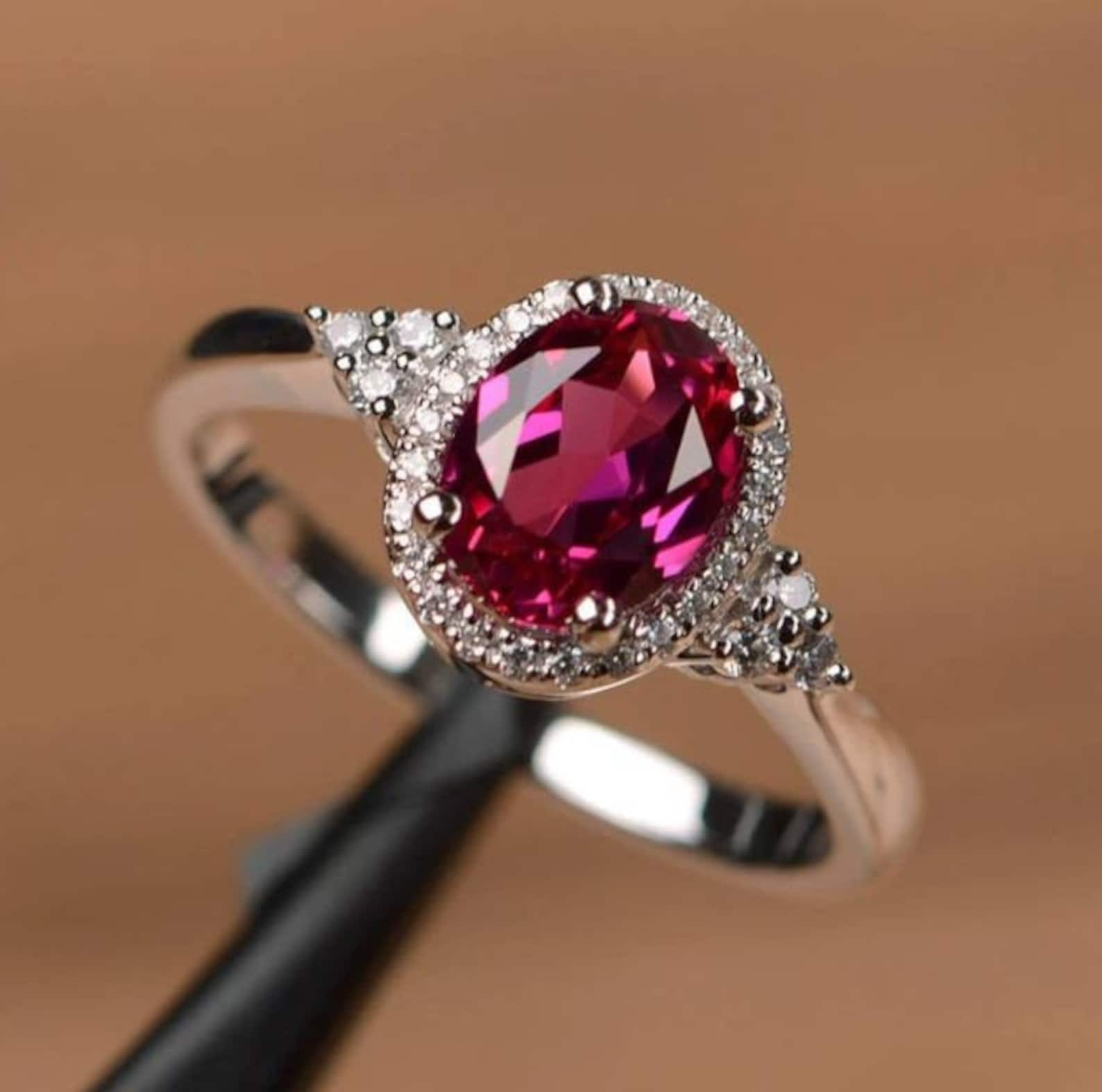 Ruby Ring Lab Created Ruby Rings Halo Ring Gift Bridal Etsy