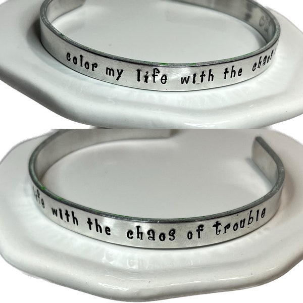 Color my life with the Chaos of trouble hand stamped bracelet, Belle & Sebastian, 500 Days of Summer, Summer Finn, Music quote Jewelry,