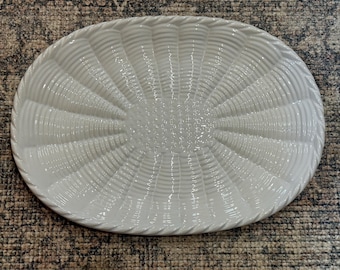 Vintage Cresco White Ceramic Basketweave Platter Heavy Oval Thanksgiving Turkey Serving Dish Taiwan Stamped Mid-Century Farmhouse Kitchen