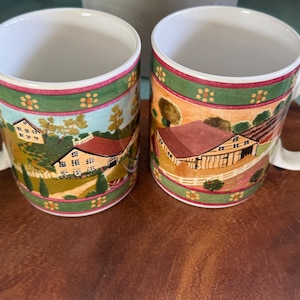 Block Gear Country Village Cups Farmland Barns Fields Vintage Hot Chocolate Tea Cups Stoneware Vintage Pottery Mugs Set of 2 T21