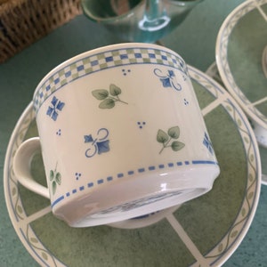 Tasses et soucoupes Sango Sabrina, vert et bleu sur fond blanc, tasses à café ou à thé de cuisine de ferme, lot de 4, #BS LIRE LES DÉTAILS