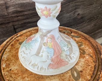 Porcelain Nativity Candle Holder Manger Scene Lefton China The Christopher Collection Porcelain Candlestick Jesus Birth 1982