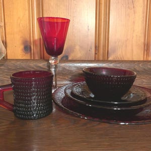 Vintage Ruby Red Glass Dinnerware Red Wine Glasses Hobnail Basket Weave Glass Pattern Set of 18 Pieces READ DETAIL