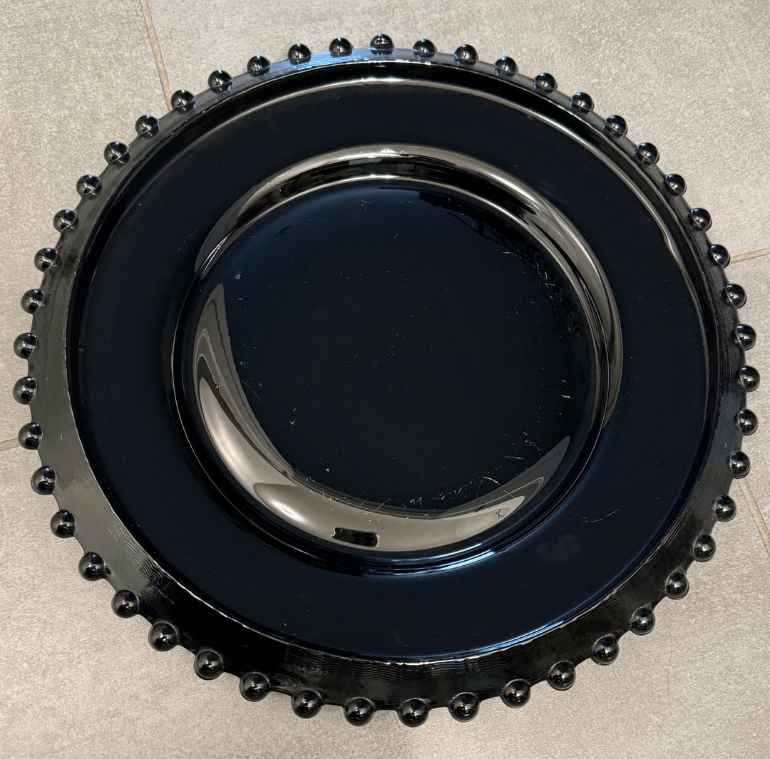 Black Glass Round Platter Candlewick Trim Cake Plate Serving Tray Black