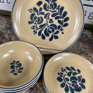 Phaltzgraff USA Folk Art  Dinnerware Salt Glaze Pottery Blue Floral Beige Base Farmhouse Dinnerware by The Piece