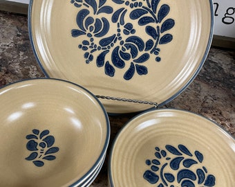 Phaltzgraff USA Folk Art  Dinnerware Salt Glaze Pottery Blue Floral Beige Base Farmhouse Dinnerware by The Piece