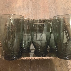 Anchor Hocking Footed Gray Green Glass Pilsner Tumblers Swirled Base Beer Glasses Vintage Highball Glasses Set of 5 #C1