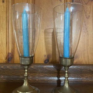 Vintage Solid Brass Candlesticks RIH Made in India Candle Holders with Chimney Round Base Brass Candlesticks Brass Mantle Decor Set of 2