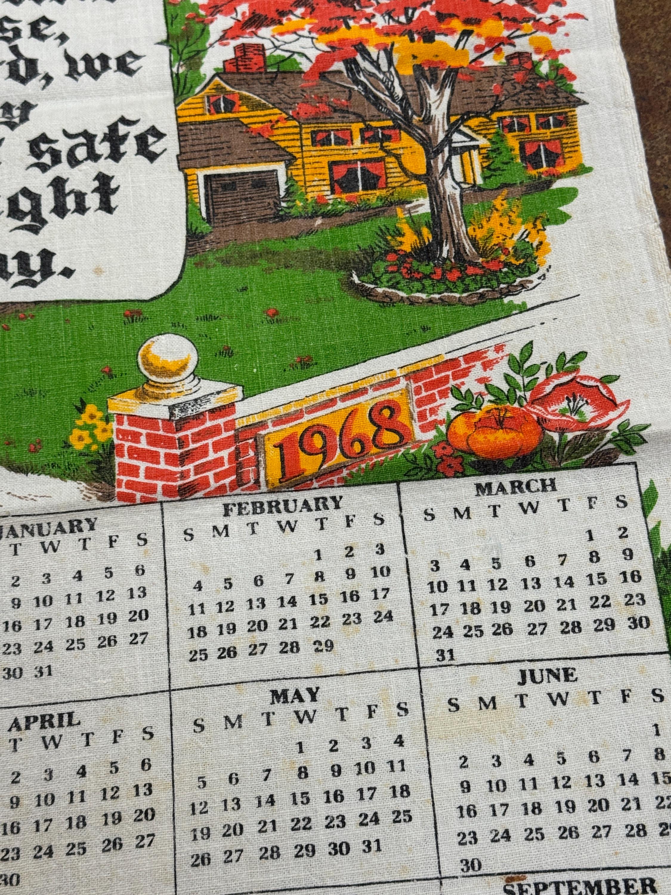 Vintage 1968 Cotton Wall Calendar Tea Towel Farmhouse Kitchen