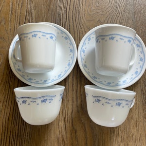 Pyrex Corning Ware Coffee Cups and Saucers Morning Blue Floral Trim Platonite White Glass Cups Corning Ware Corelle Saucers Six Pieces T21