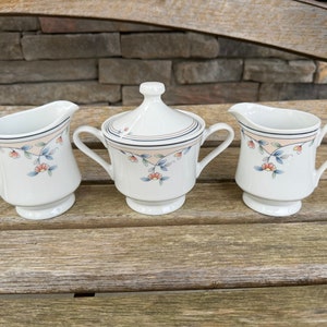 Princess House Heritage Blossom Creamer Sugar Bowl Pink Peach Blue Floral Milk Pitcher 2 Creamers Set of 3 C2