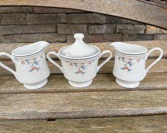 Princess House Heritage Blossom Creamer Sugar Bowl Pink Peach Blue Floral Milk Pitcher 2 Creamers Set of 3 C2