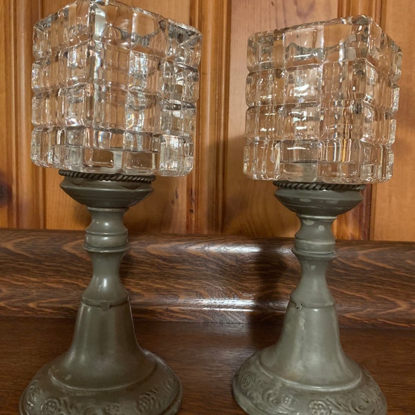 Vintage Toleware Cube Cut Crystal Metal Candle Holders Farmhouse Rustic Pillar Pedestal Candle Sticks Cut Crystal Candle Sticks Set of 2