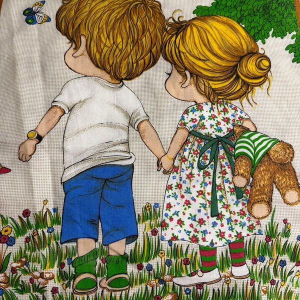 Calendrier mural en coton vintage 1989 enfants se tenant la main, Brésil, torchon, ferme, printemps, cuisine, décor