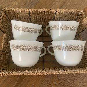 Pyrex Woodland Brown Coffee Cups Platonite Milk Glass Teacups Vintage White Glass Coffee Mugs Set of 4 #A2