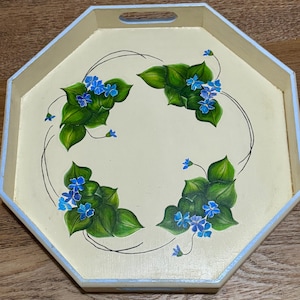 Vintage Hand Painted Wooden Tray Blue Floral Vanity Decor Signed RAM 1977