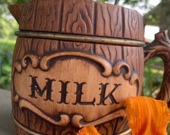 Mid Century Pottery Pitcher, Milk Pitcher, Farmhouse Creamer, Wooden Barrel Shape, Rustic, Farmhouse, Vintage 1950s, #BING READ DETAIL