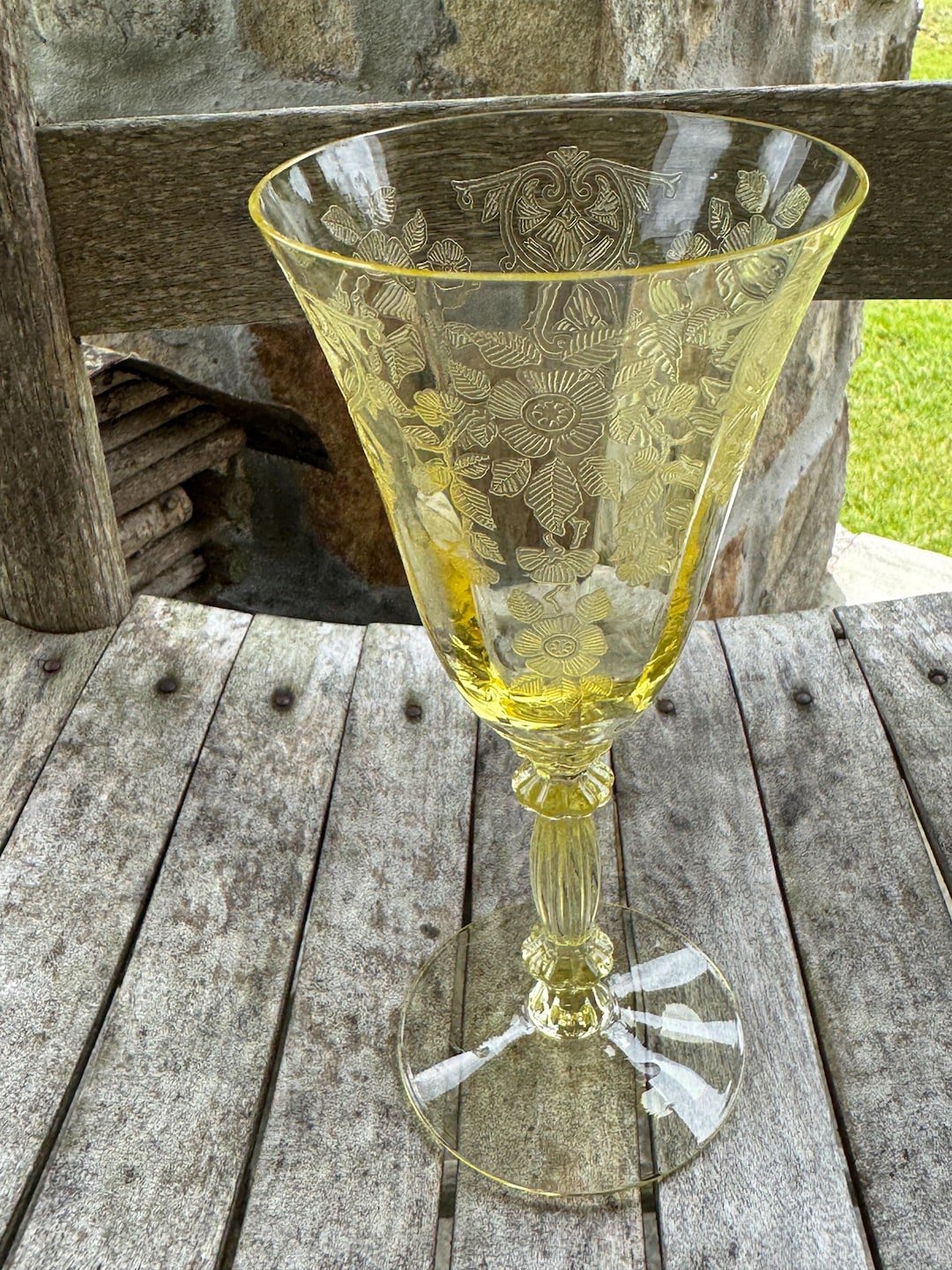 1930's Yellow Crystal Wine Glass Apple Blossom by Cambridge