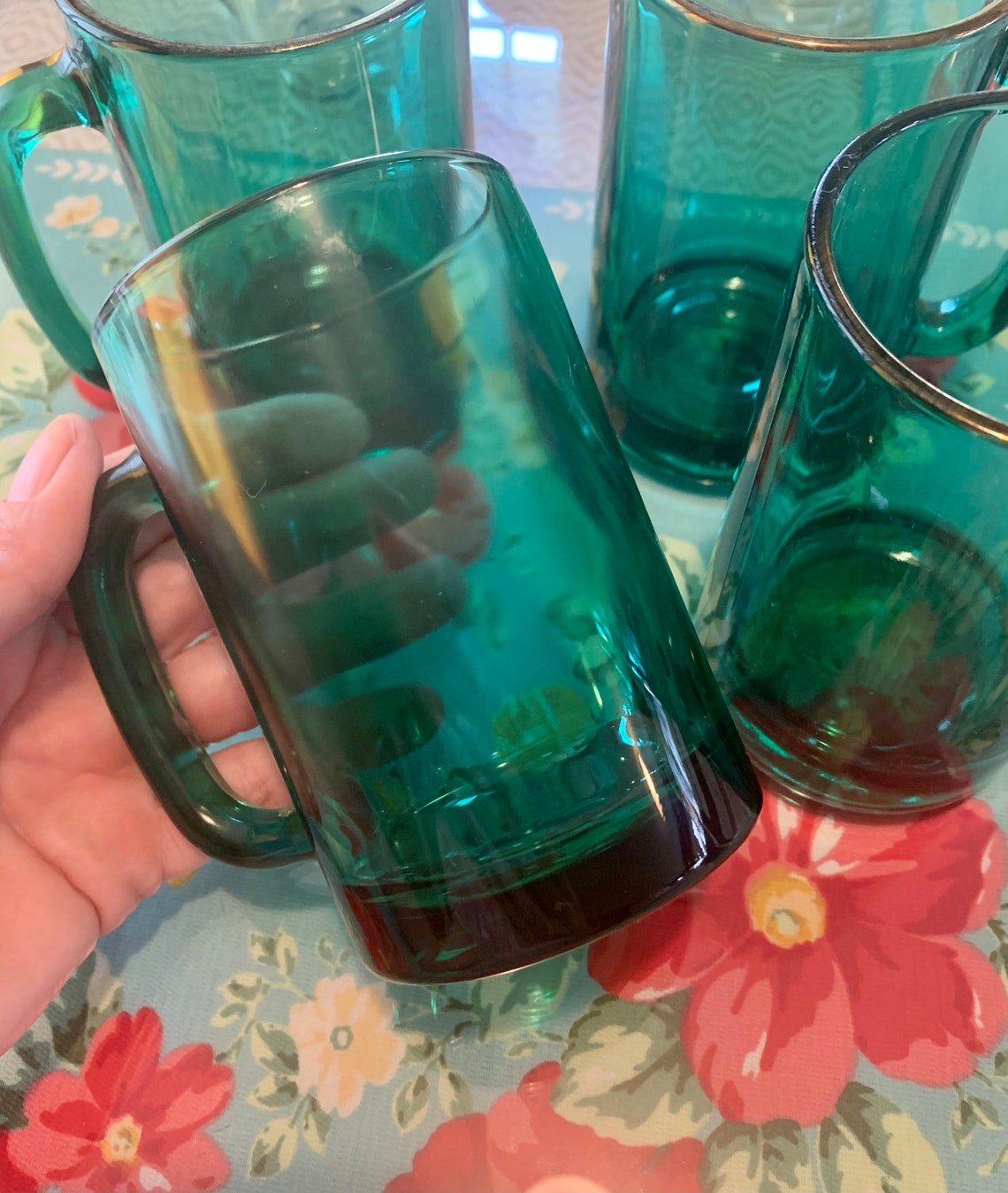 Vintage Emerald Green Glass Mugs Green Glass Coffee Mugs Gold Etsy