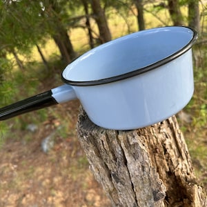 Vintage Enamelware Sauce Pot: Light Blue with Black Trim, Mid-Century Cookware