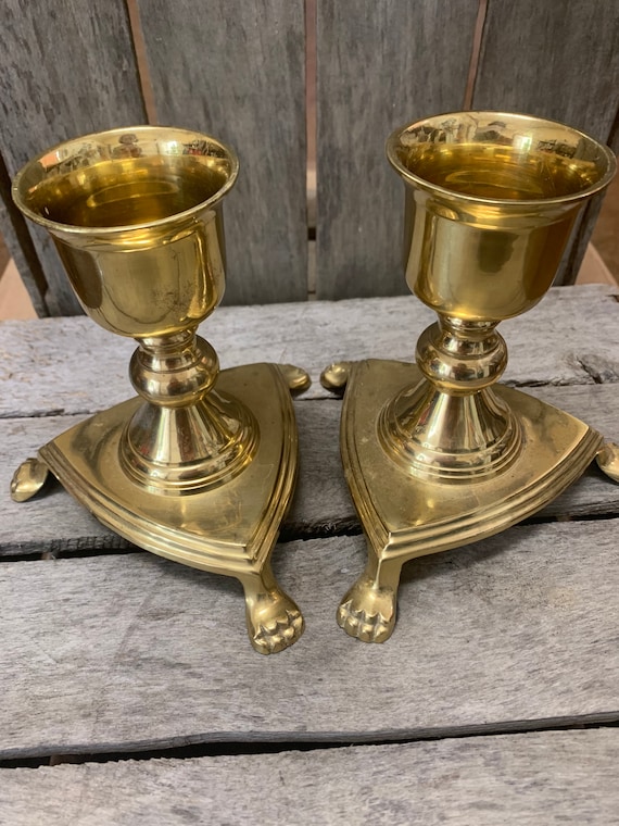 Vintage Brass Candle Holders Made in India Footed Brass Candle Stick Holders  Set of 2 READ DETAIL 