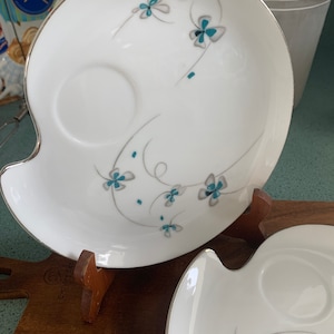 Vintage Grantcrest Japan Porcelain Snack Plates Aqua Blue Floral with Silver Trim, Set of 4 #T15 READ DETAIL
