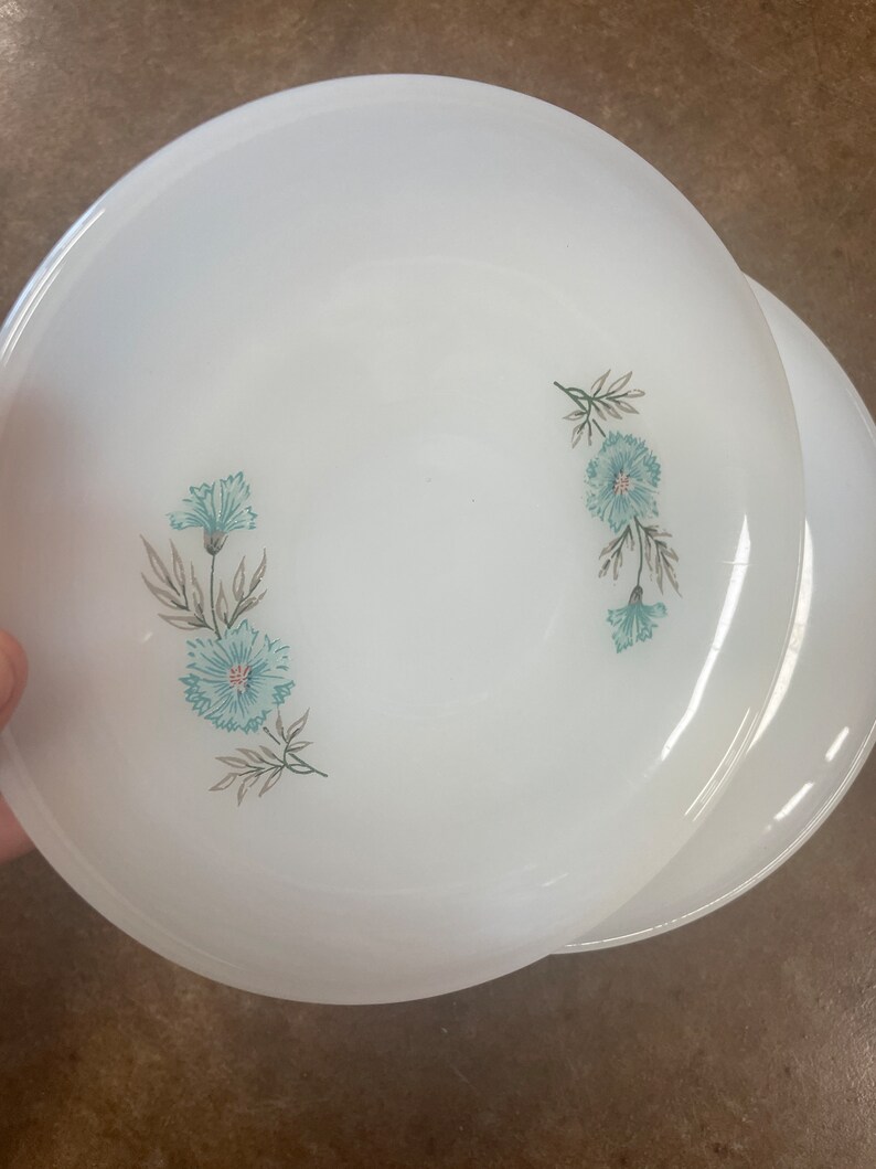 Puede incluir: Dos platos de cer&aacute;mica blanca con un dise&ntilde;o floral azul. Los platos tienen un borde festoneado y est&aacute;n apilados uno encima del otro.