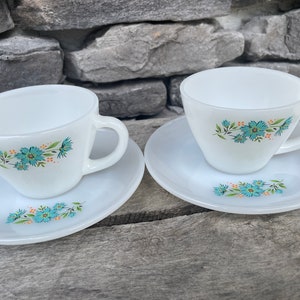 FireKing Oven Ware Coffee Cups Saucers Translucent Glass Blue Carnation Pattern Vintage FireKing Dishes Set of 2 #T18