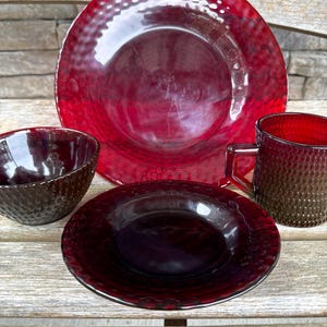Vintage Ruby Red Glass Dinnerware Hobnail Basket Weave Glass Pattern 1 Place Setting Available with 4 Pieces READ DETAIL