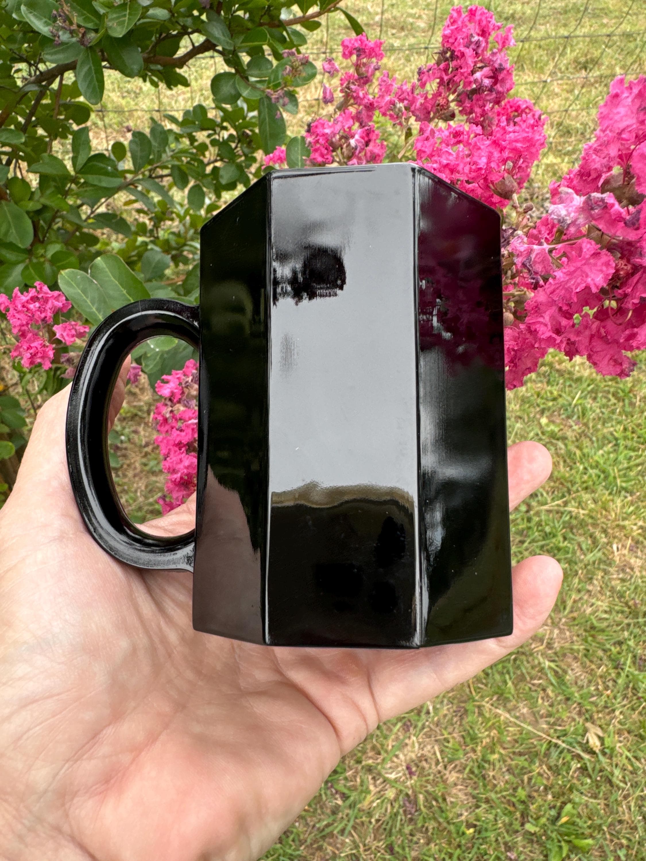 Vintage Arcoroc France Black Glass Mugs Octime Octagonal Set of 4