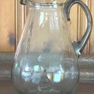 Hand Blown Pitcher Purple Bubble Glass Vintage Clear Plum Purple Trim Lemonade Pitcher Ewer #BS READ DETAIL