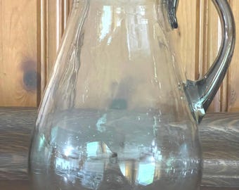 Hand Blown Pitcher Purple Bubble Glass Vintage Clear Plum Purple Trim Lemonade Pitcher Ewer #BS READ DETAIL