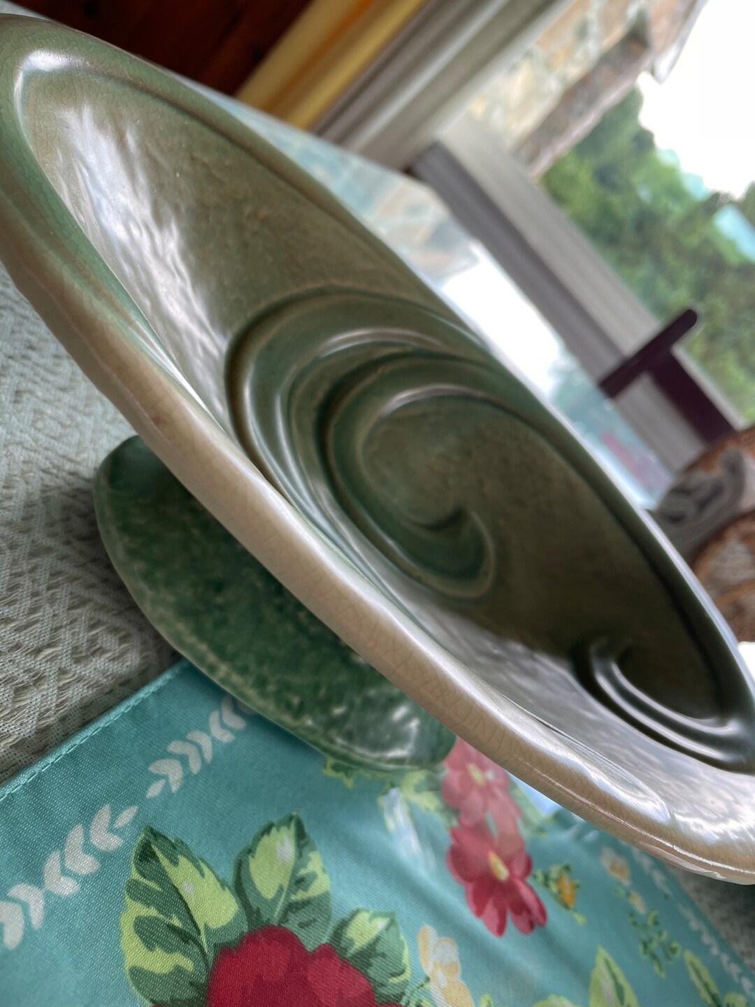 Vintage Pottery Bowl Console Table Bowl Pedestal Compote Pottery Green