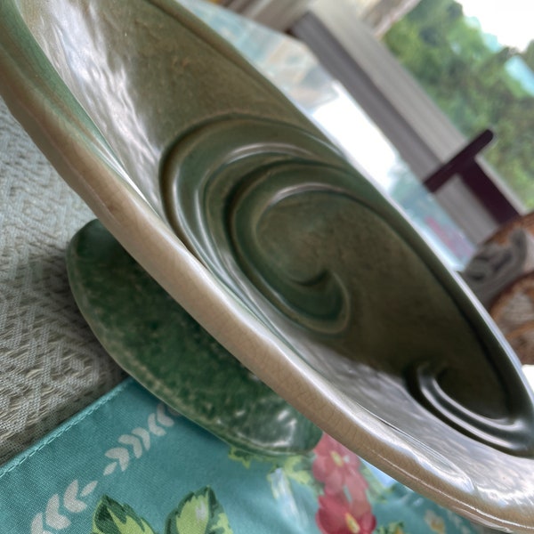 Vintage Pottery Bowl Console Table Bowl Pedestal Compote Pottery Green Glaze Swirl