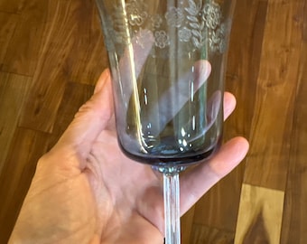 Rare 1970s Fostoria Intimates Blue Floral Etched Water Goblet