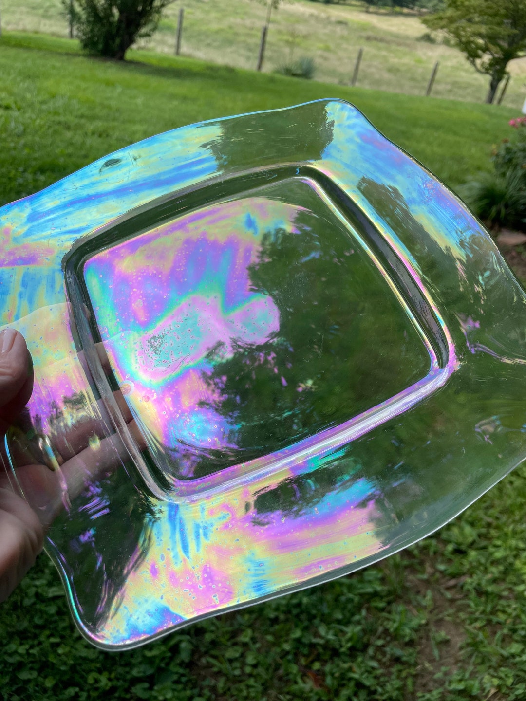 Iridescent Rainbow Square Glass Dinner Plates Lusterware Etsy