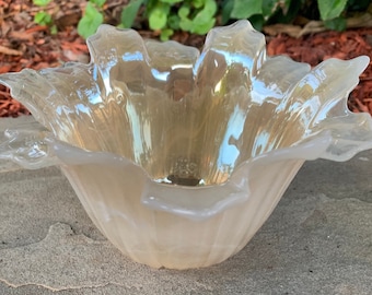 Vintage Hand Blown Murano Style Glass Candy Dish Iridescent Ivory White Swirl Alabaster Pattern Floral Design Bowl #C1