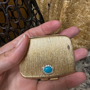 Vintage Revlon Gold Compact Misty Rose Powder Faux Turquoise Accent